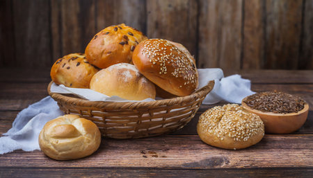 bread and lots of fresh bread buns in a basket on a wooden tableの素材