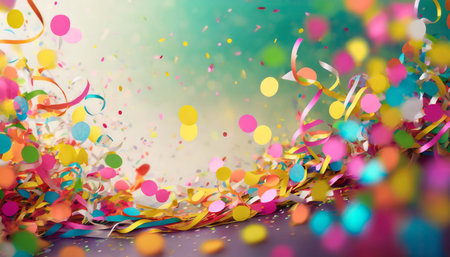 Colorful confetti and streamers on bokeh background.の素材