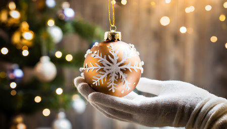hand with gloves holding a christmas ornamentの素材