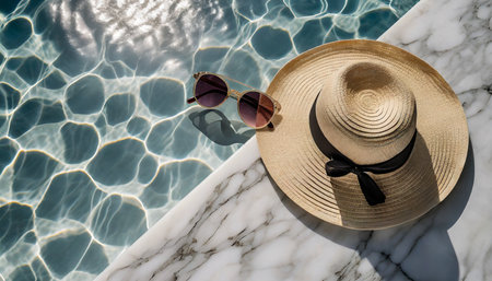 Top view of straw hat and sunglasses on white marble pool surface.の素材