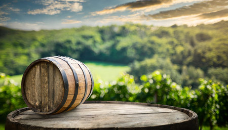 Wine barrel on wooden table in front of vineyard landscape.の素材