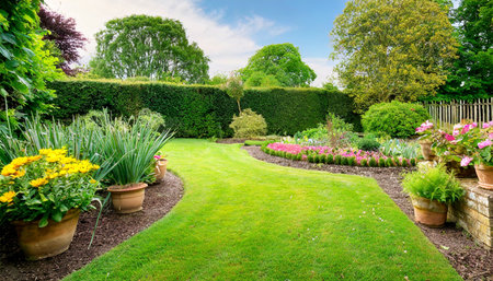 Beautiful landscaped garden with green grass and flowers in pots.の素材