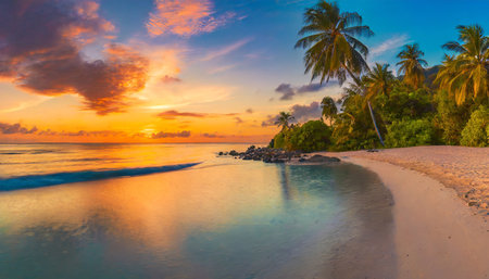 amazing travel landscape beautiful panoramic sunset tropical paradise beach tranquil summer vacation or holiday tropical sunset beach seaside palm calm peace panorama exotic nature colorful sea skyの素材