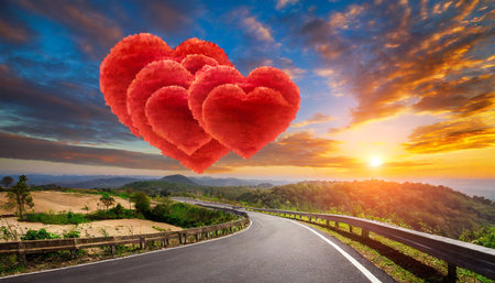 red heart shaped clouds at sunset beautiful landscape with road love background with copy space road to loveの素材