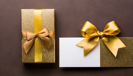 Gift box with gold bow and greeting card on brown background.の素材