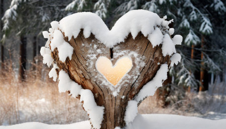 Wooden heart in the snowy forest. Valentines day background.の素材