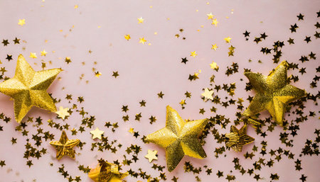 Golden stars confetti on pink background. Flat lay, top view.の素材