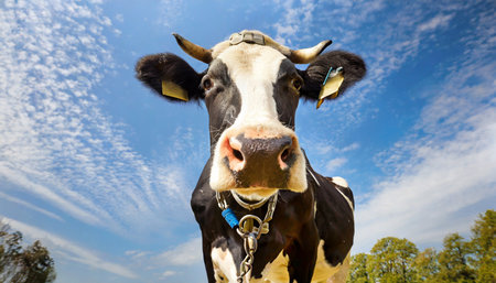 Head of a black and white cow on a background of blue skyの素材