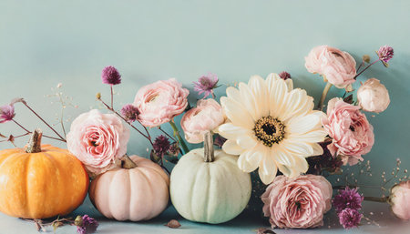 minimal trendy thanksgiving halloween background banner with pastel pumpkins with copy space autumn holidays decoration arrangement with pastel pumpkins and flowersの素材