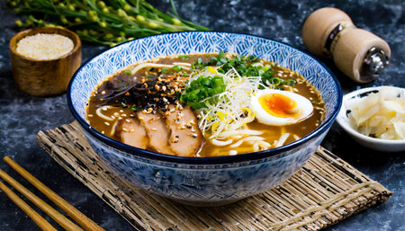 japanese miso ramen noodle with pork and eggの素材