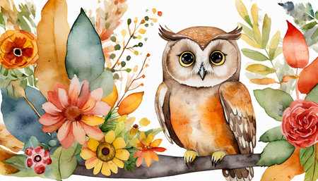 watercolor cute autumn owl clipart sublimationの素材
