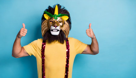 Man with mask on his face showing thumbs up sign on blue backgroundの素材