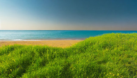 Beautiful summer landscape with green grass and blue sky on the beachの素材