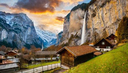 incredible nature landscape at sunset amazing alpine village with famous church and staubbach waterfall lauterbrunnen switzerland europe lauterbrunnen is a conic location for landscapeの素材