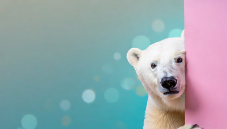 Polar bear behind a pink wall with bokeh background.の素材