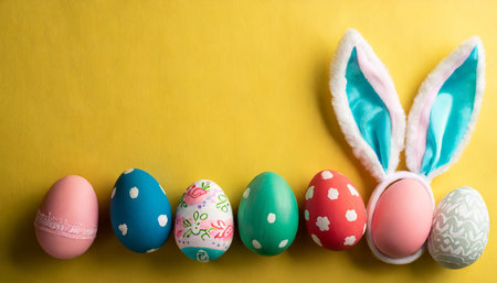 easter celebration concept top view vertical photo of colorful easter eggs and easter bunny ears on isolated yellow background with empty spaceの素材