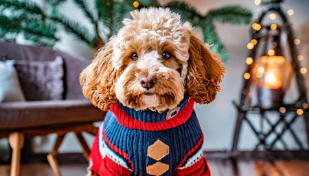 Cocker Spaniel dressed in a sweater and scarf on the background of a Christmas treeの素材