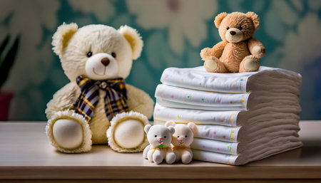 Teddy bear and diapers on the shelf in the baby room.の素材