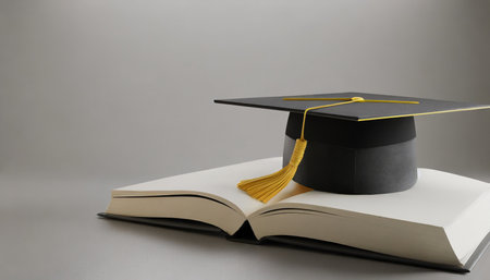 Graduation cap and book on grey background. Education and knowledge concept.の素材