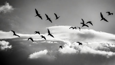 black and white photo of birds in the skyの素材