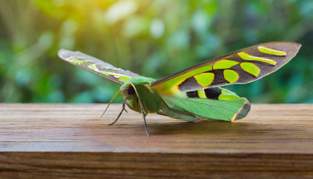 the oleandar hawk moth or army green moth is a moth of the family sphingidae perched on a wooden floorの素材