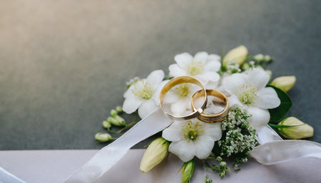 wedding rings are decorated with a ribbon and white flowers with copy space concept backgrounds for weddingsの素材