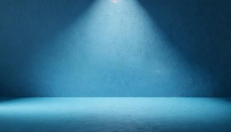 empty blue background and spotlight with studio for showing or design blank backdrop made from cement material realistic 3d renderの素材