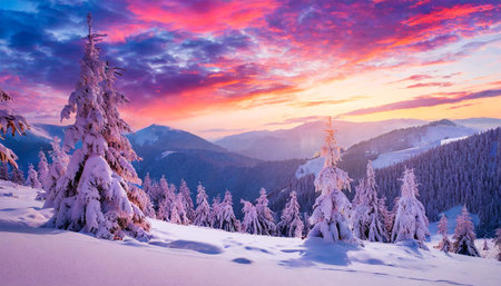amazing sunrise in the mountains sunset winter landscape with snow covered pine trees in violet and pink colors fantastic colorful scene with picturesque dramatic sky christmas wintery backgroundの素材