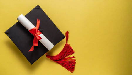 top view of black graduation cap with red tassel with diploma on top on yellow backgroundの素材
