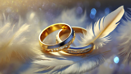 Wedding rings with feathers on bokeh background, closeupの素材