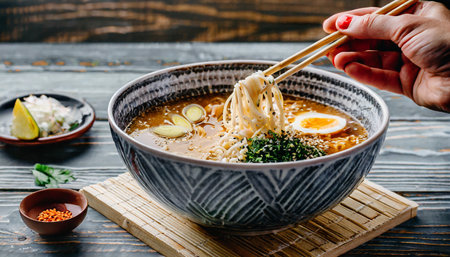 photo of japanese ramen soup with chopsticks and hand on the backgroundの素材