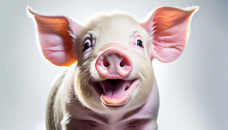 Portrait of a funny little pig on a gray background. The pig is smiling.の素材
