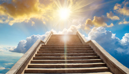 stairway to heaven stairs in sky concept with sun and clouds religion background with copy spaceの素材