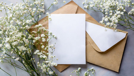 wedding mockup with white paper list and flowers gypsophila on colored table top view flat lay blank greeting cards and envelopes beautiful floral pattern flat lay styleの素材