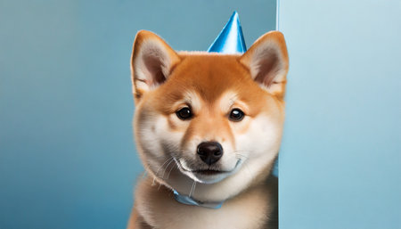 portrait funny and happy shiba inu puppy dog peeking out from behind a blue banner celebrating birthday anniversary or carnival isolated on blue pastel backgroundの素材