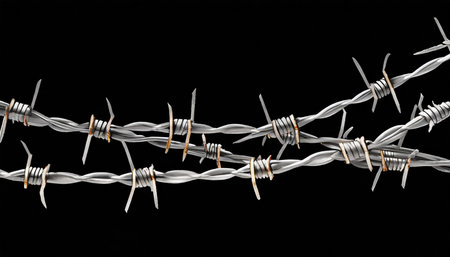 Barbed wire isolated on black background. Close-up image.の素材