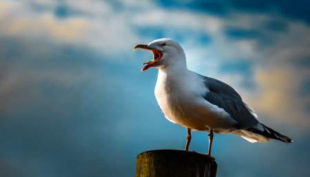 Seagull standing on a wooden post with sunset in the backgroundの素材