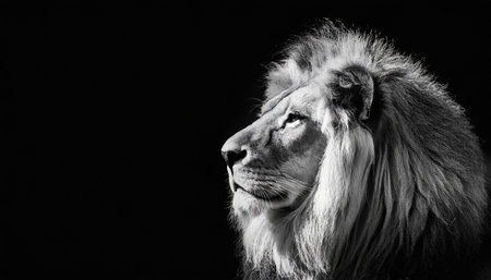 Portrait of a male lion on a black background. Black and white.の素材