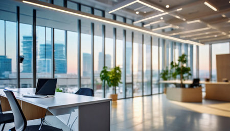 Modern office interior with panoramic window and city view, selective focusの素材