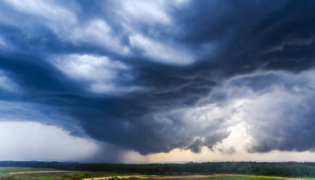 the dark sky with heavy clouds converging and a violent storm before the rain bad weather skyの素材
