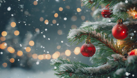 Christmas greeting card. Festive decoration on bokeh background. New Year concept. Copy space.  Flat lay. Top view.の素材