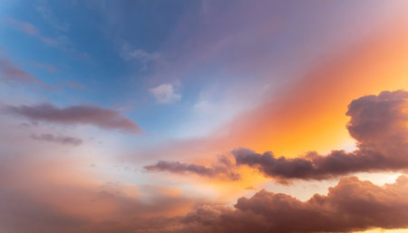 Sunset sky background with tiny clouds. Panoramic image.の素材