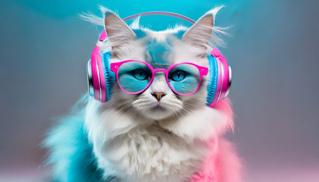 Portrait of white persian cat wearing pink headphones and blue sunglasses.の素材