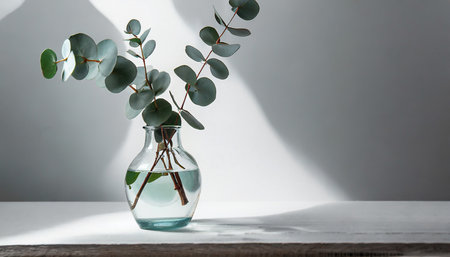 Eucalyptus branches in glass vase on wooden tableの素材