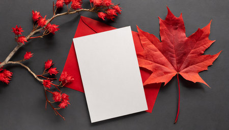 Autumn composition. Greeting card mockup with red maple leaves and red envelope on black background. Flat lay, top view, copy spaceの素材