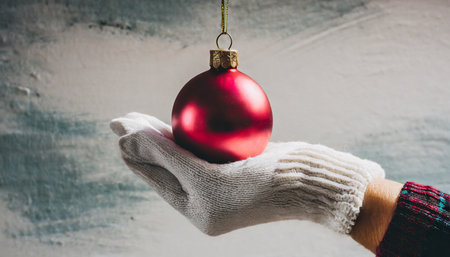 Hands in white gloves holding a red christmas ball on a gray backgroundの素材