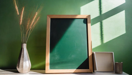 Empty green chalkboard, vase with pampas grass and wooden frame on wooden table.の素材
