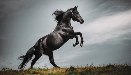 Black stallion galloping in the field on a cloudy day.の素材