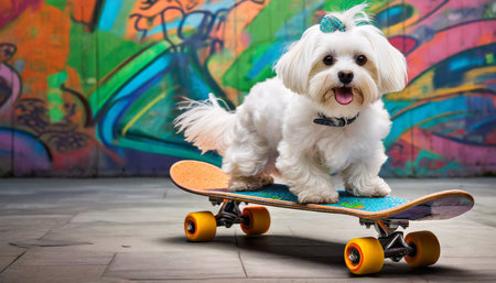 3d modern photography image of happy young white dog maltese riding skateboard generative ai concept isolated over graffiti backgroundの素材