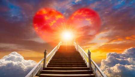 stairway to heaven stairs in sky concept with sun and clouds religion background red heart shaped sky at sunset love background with copy spaceの素材